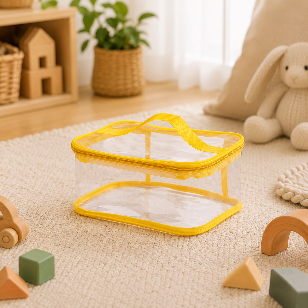 A clear plastic storage organizer with bright yellow trim and handle, placed on a beige carpet